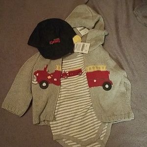 9-12 Month Firetruck Sweater, bodysuit and cap